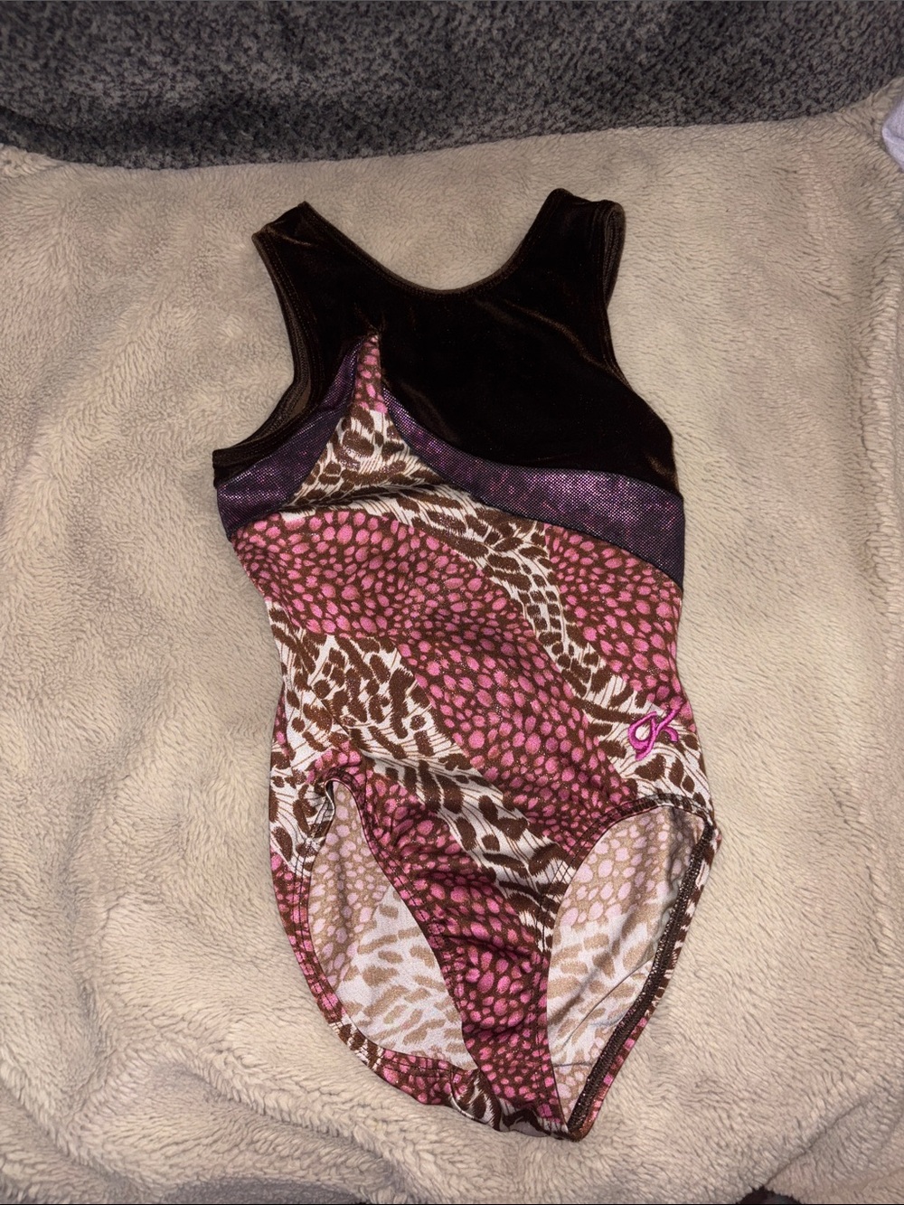 GK Elite shimmering leopard print gymnastics leotard, child medium